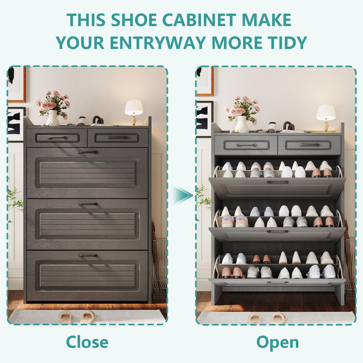 Shoe Cabinet with 3 Large Flip Drawer 2 Top Drawer Dark Grey