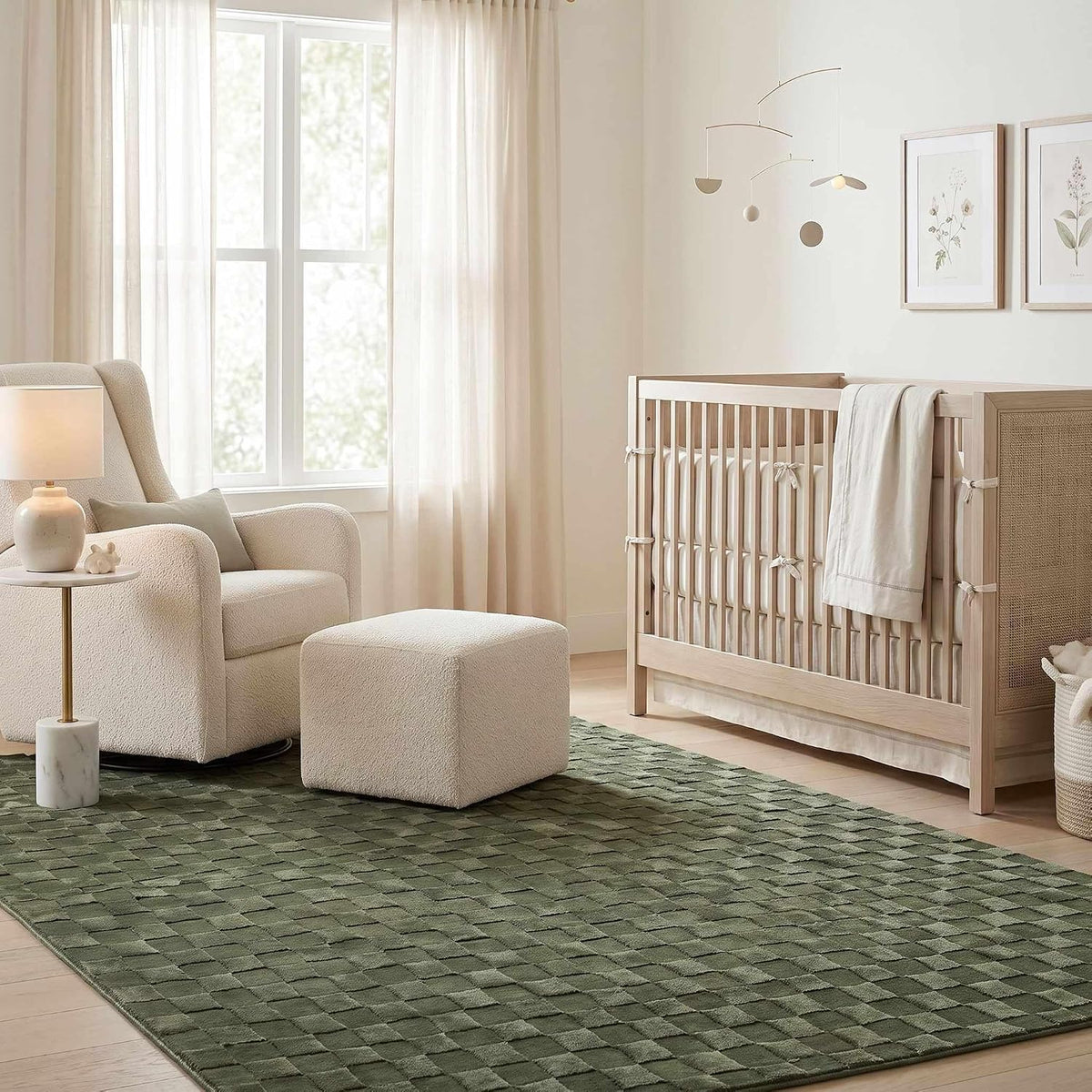 Renoir Living Room, Bedroom Machine Washable Area Rug - Checkered Geometric Square Tile - Olive Green, Sage Green