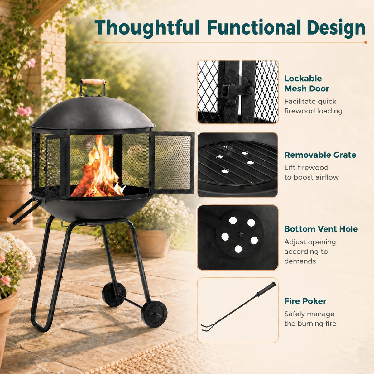 28" Outdoor Fire Pit with Lockable Doors, Fire Poker & Wheels