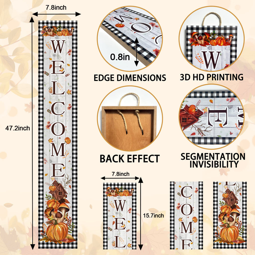 Fall Welcome Porch Sign Thanksgiving Day Wooden Door Sign 47" Large Buffalo Plaid Porch Sign for Pumpkin Sign Home