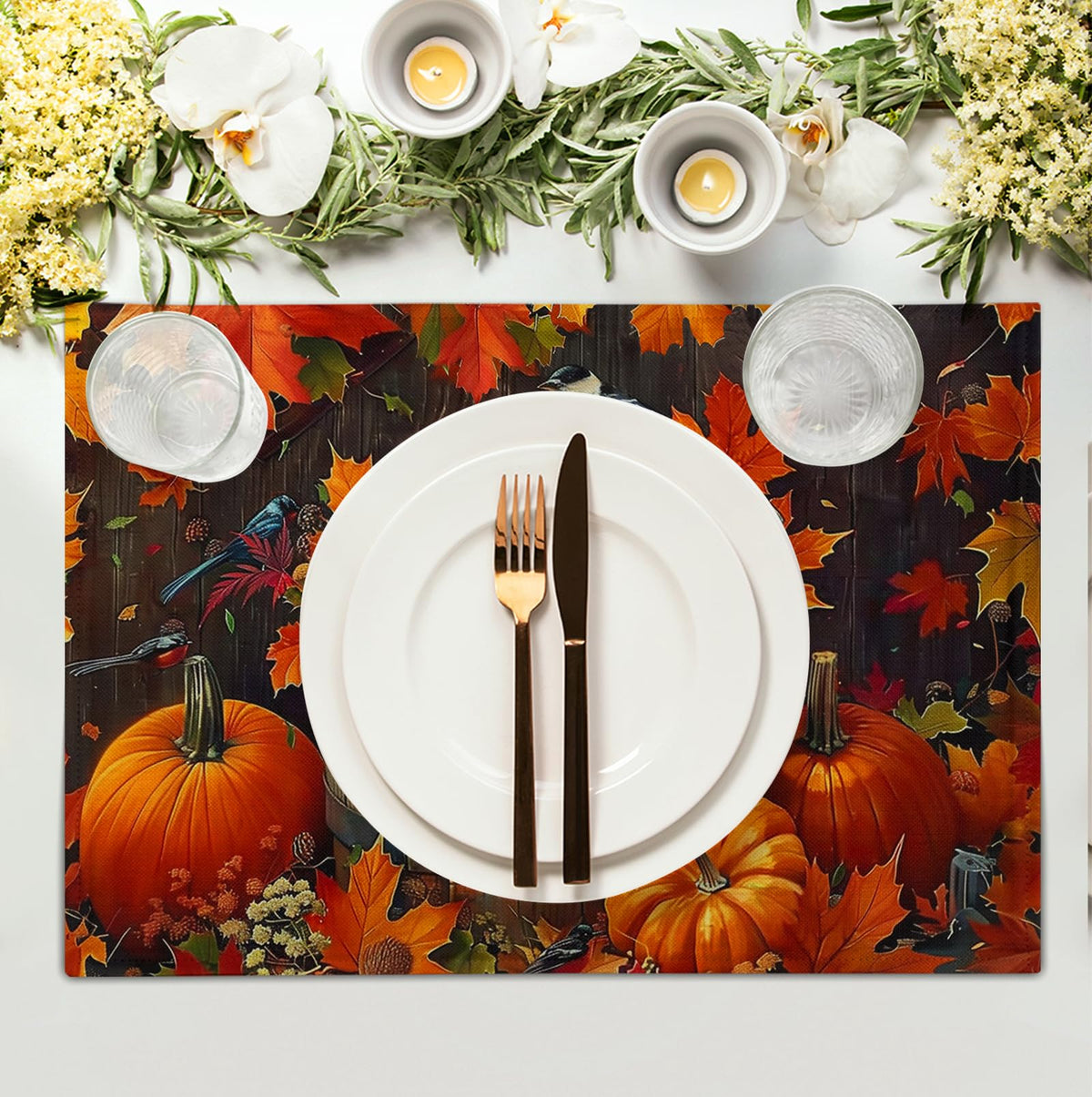Pumpkin Maple Leaf Bird Fall Placemats Set of 4 Autumn Thanksgiving Seasonal Holiday Harvest Linen Table Mats Orange