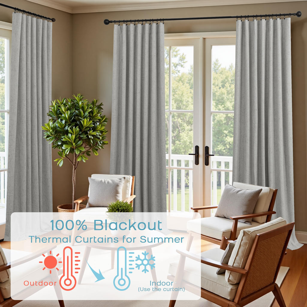 92 Inch Linen Blackout Curtains, Thermal Insulated Room Darkening Drapes Bedroom Large Window Floor Length 2 Panel