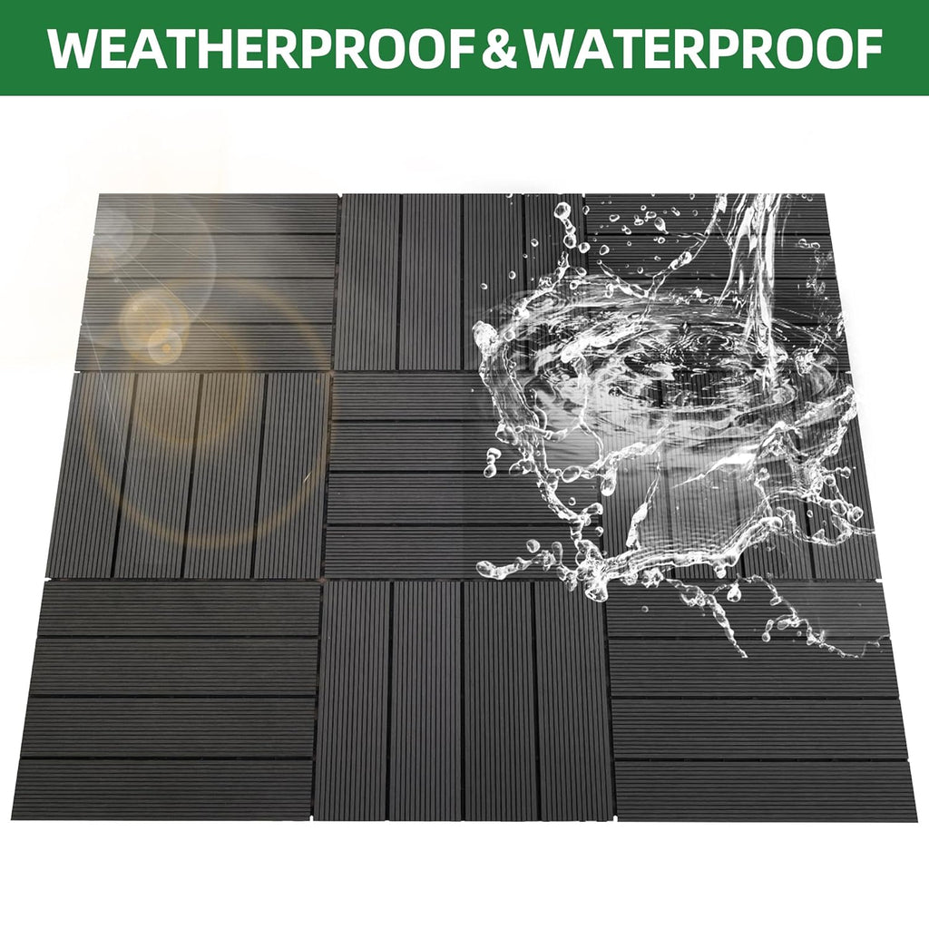 9 PCS 23.13 lb Heavy-Duty & Recyclable Wood-Plastic DIY Interlocking Deck Tiles 11.8" x 11.8"- Waterproof Outdoor and Indoor Flooring for Patio, Balcony, Porch, Backyard, Bedroom,Black