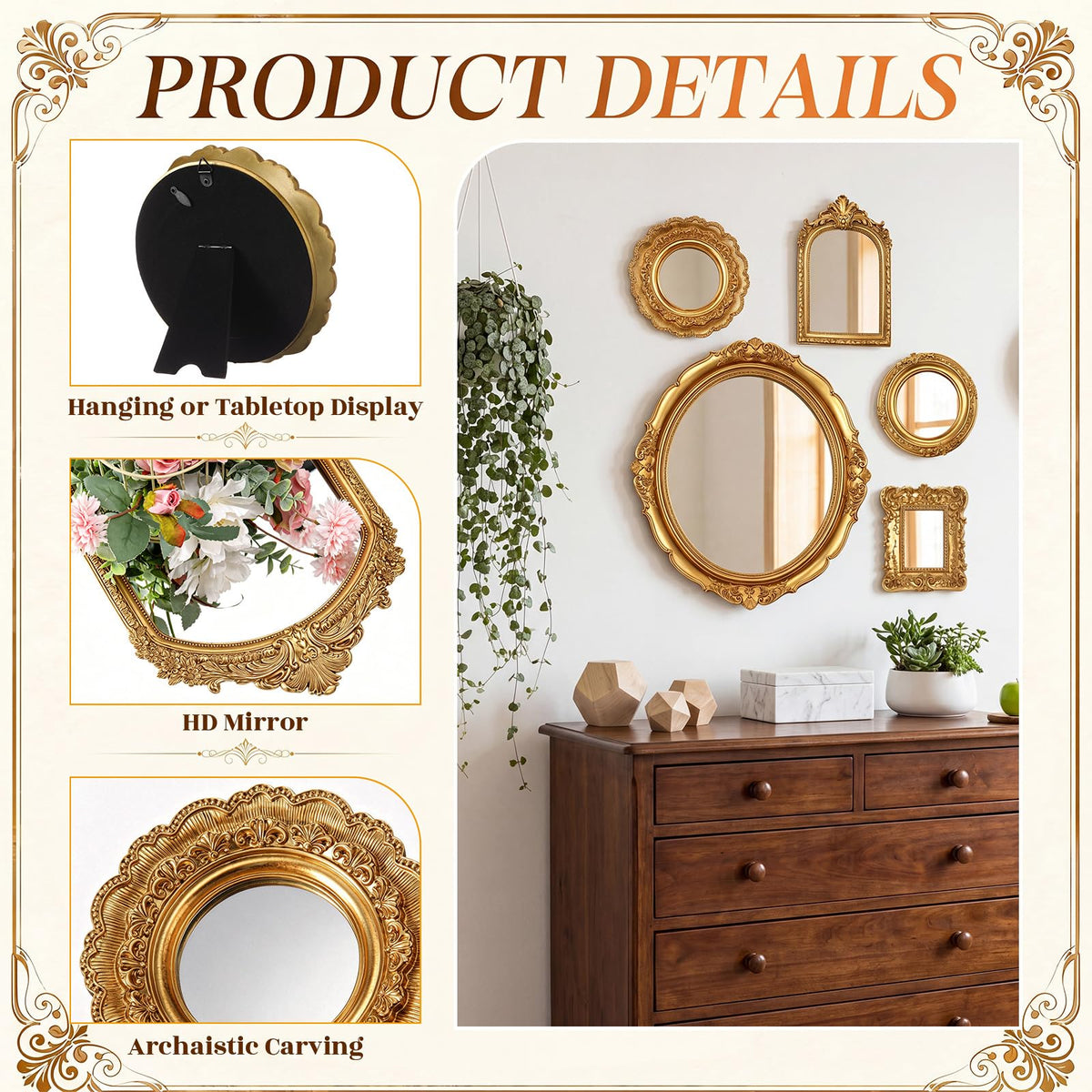5 Pcs Vintage Gold Wall Mirror Set, 15in/7in/6in/4in, Vintage Style