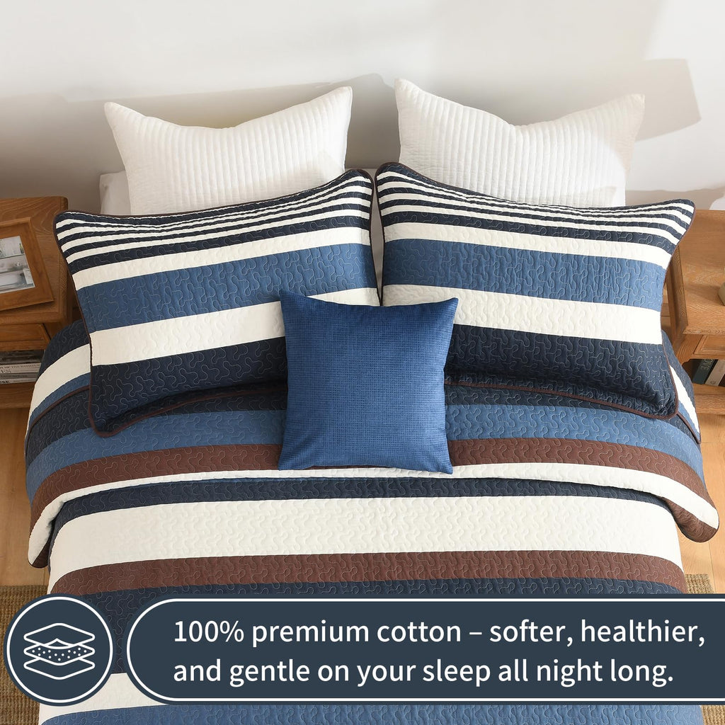 100% Cotton Quilt Set, Modern Stripe Pattern, Navy/Brown