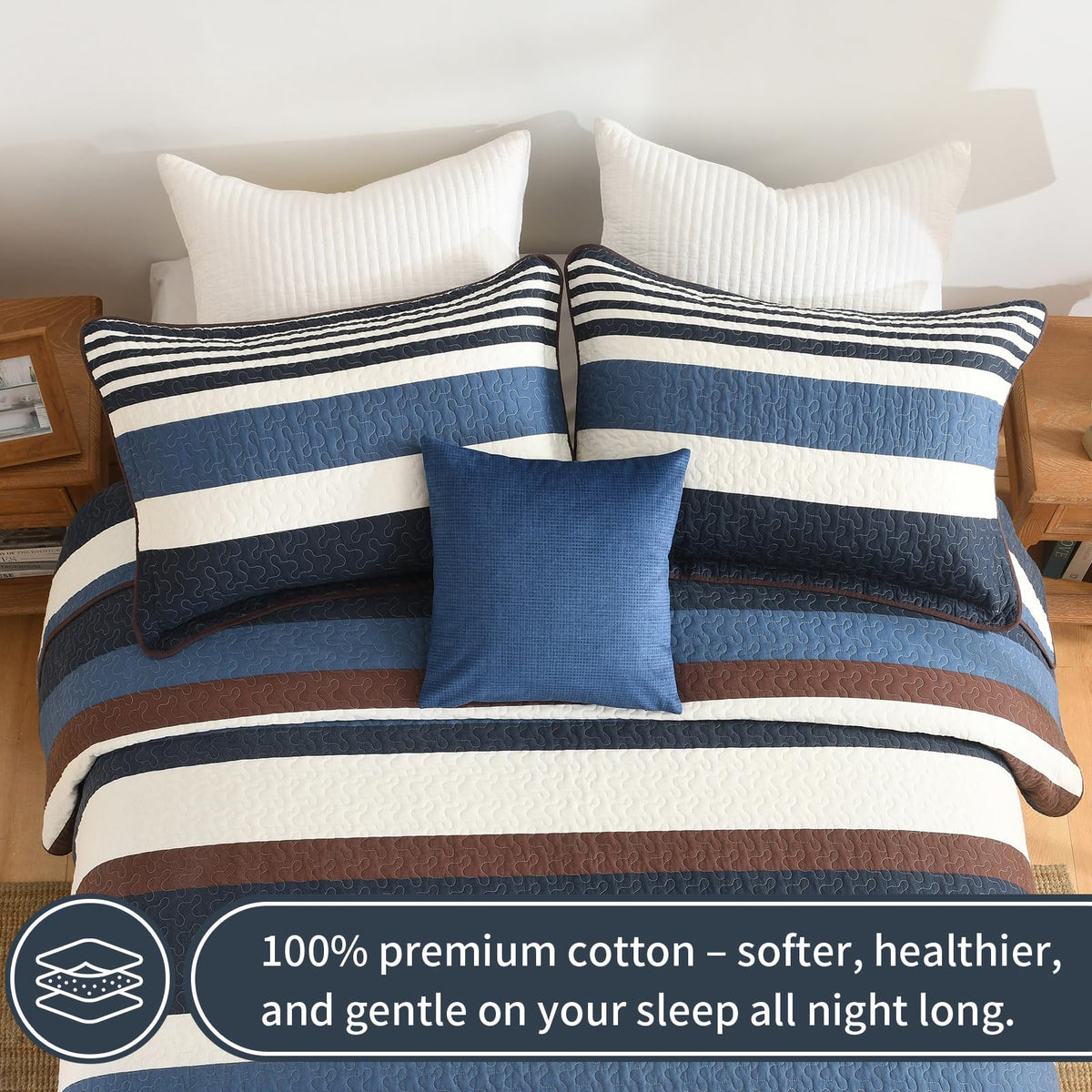 100% Cotton Quilt Set, Modern Stripe Pattern, Navy/Brown