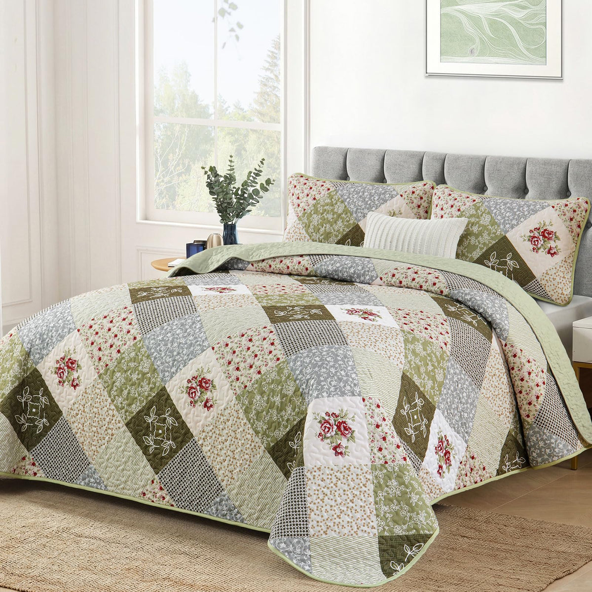 Patchwork Quilt Set, Boho Bedding Set, Oliver Green