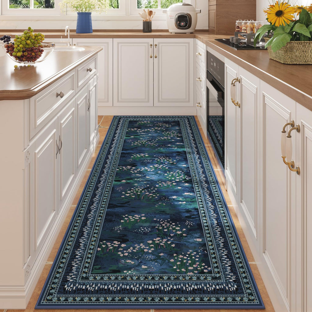 Runner Rug Washable Vintage Impressionist-Style, Blue