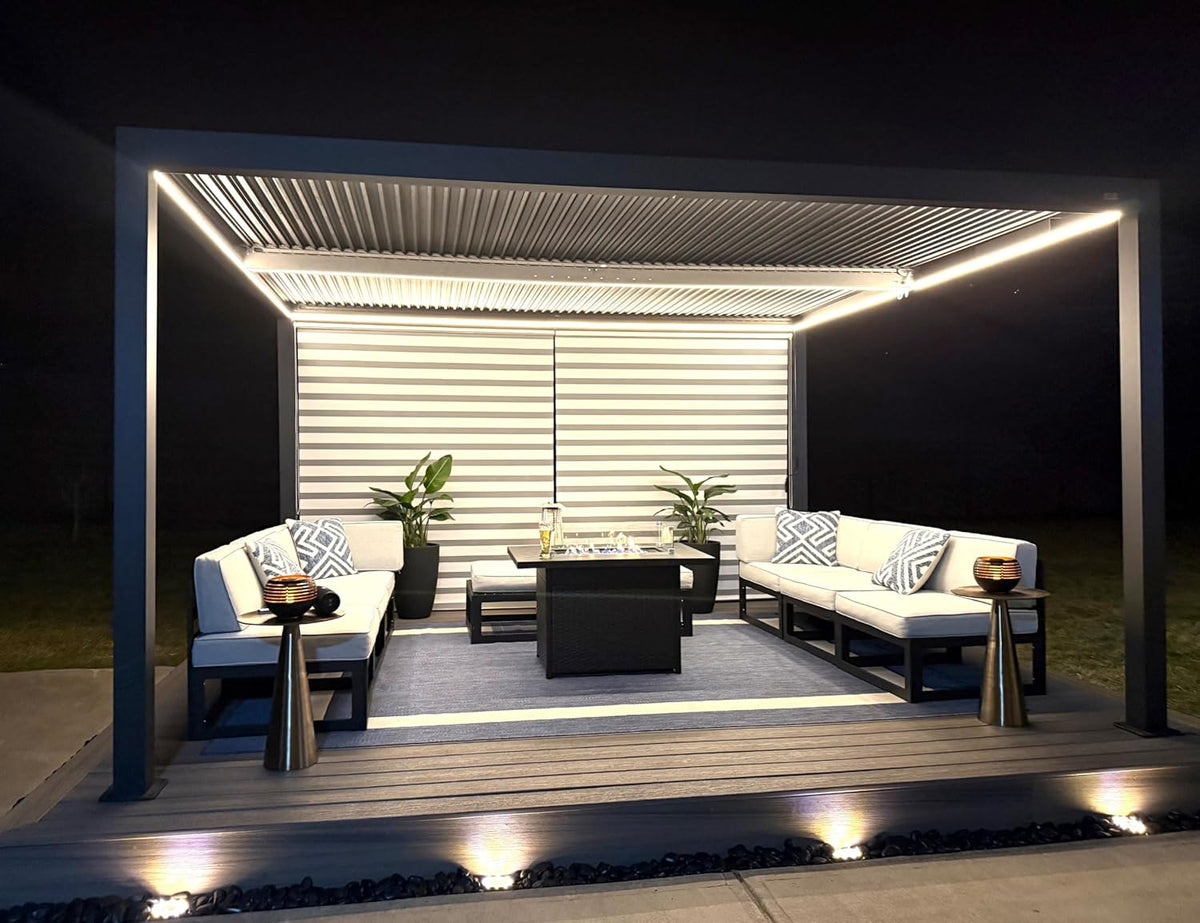 LED Louvered Pergola 94AS 12'x 16' Full Aluminum Frame and Adjustable Roof Integrated Strip Lights Deck Garden Patio