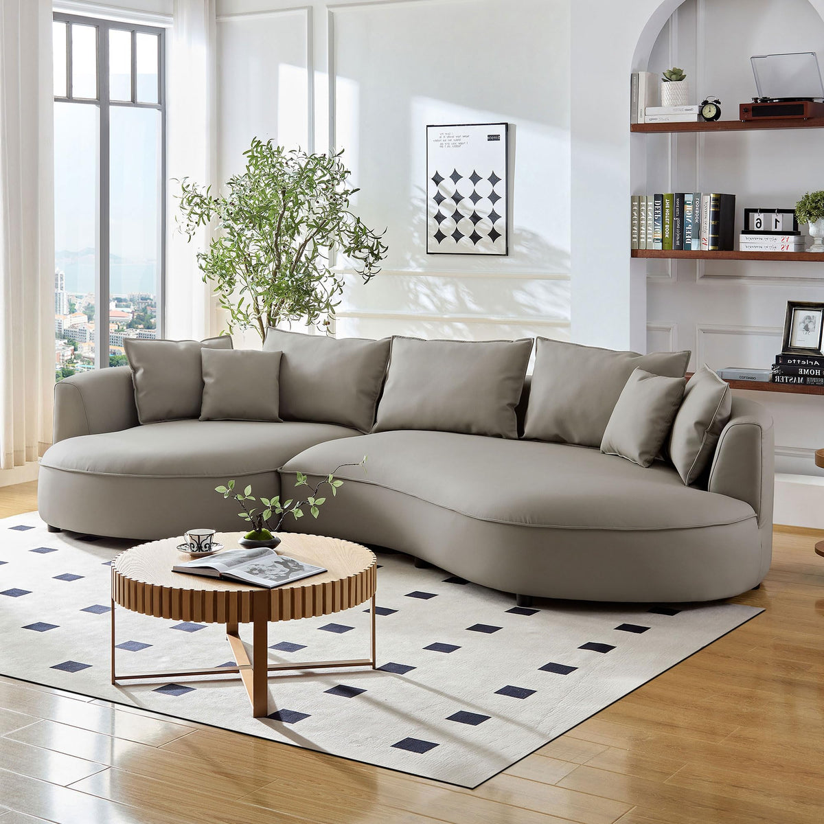 129" Curved Oversized Modular Bonded Leather Sectional Sofa with Left Chaise, 4 Pillows, 3 Back Cushion, Modern Style