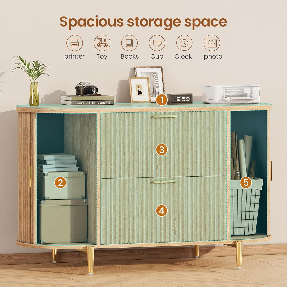 Fluted 2 Drawer File Cabinet with 2 Sliding Door | 39.4" Filing Cabinet ,fit Legal/Letter/A4 Siz,Modern File Cabinet