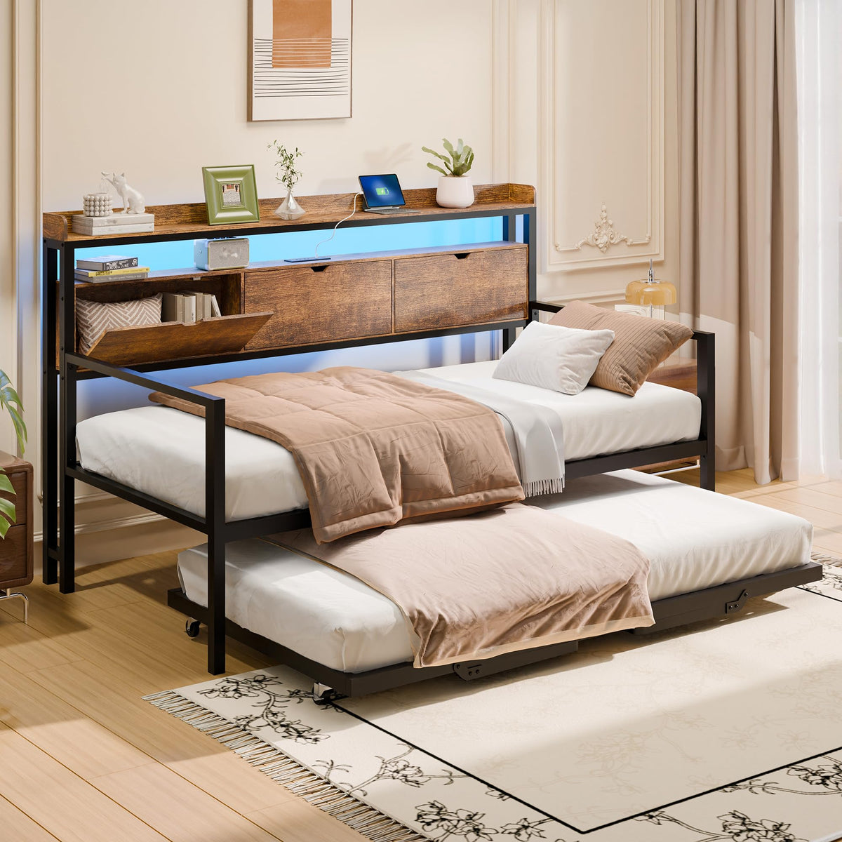 Twin Metal Daybed with Pop Up Trundle, Twin to King Expandable Bed Frame with Storage Headboard & Charging Station