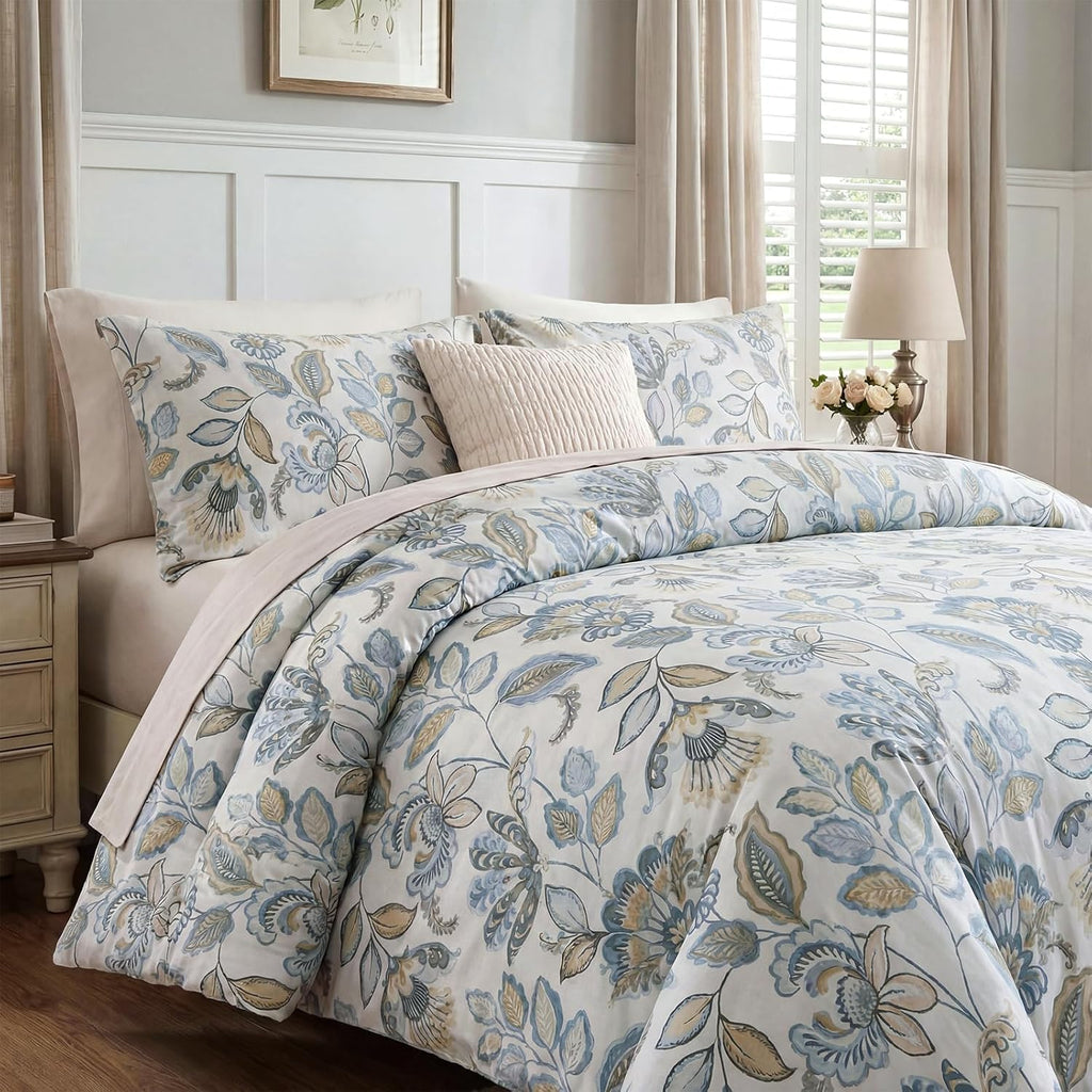 Blue Floral Comforter Set Queen Size, 100% Cotton Blue Botanical Bedding Set, 3 Pieces Soft Breathable Comforter and