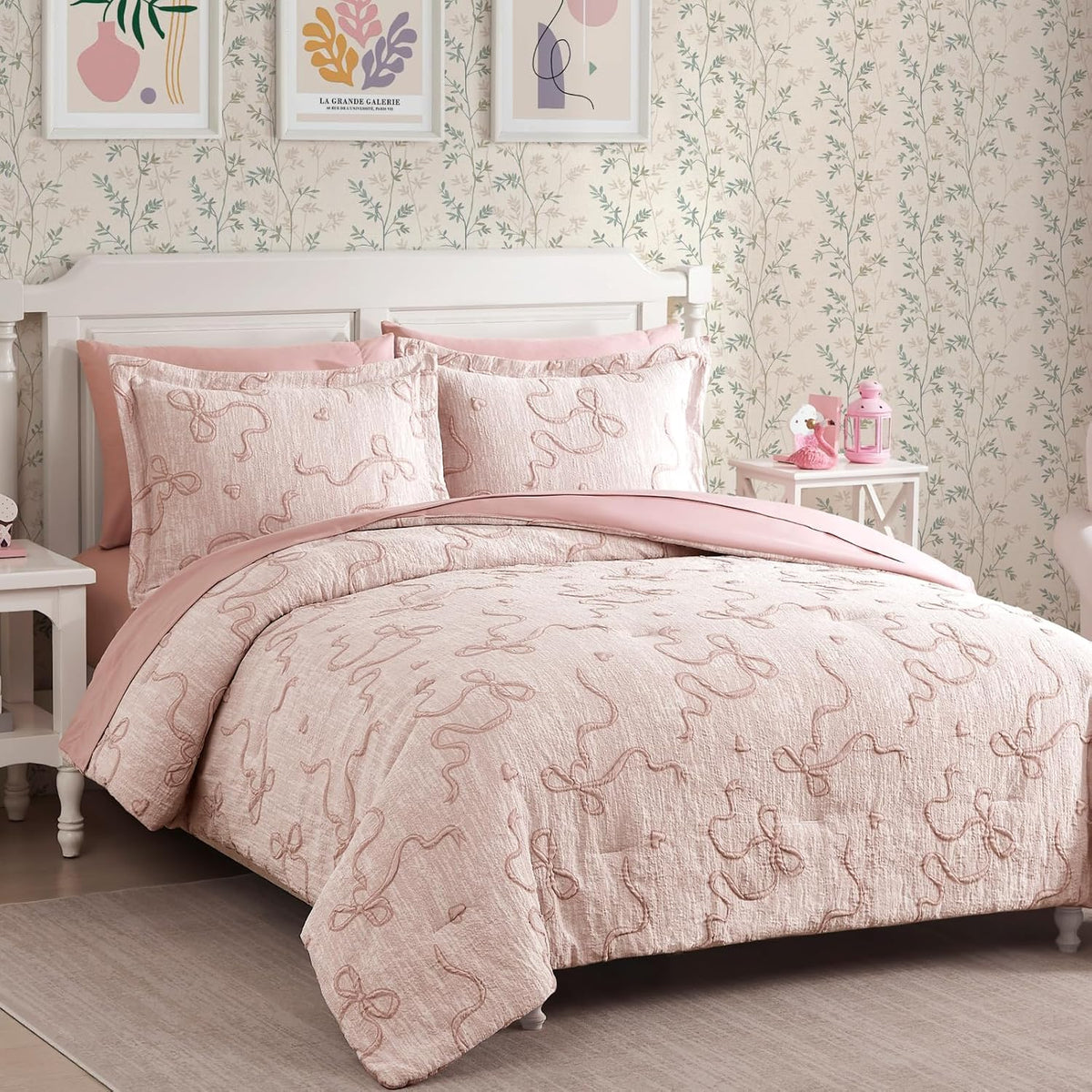 Full Comforter Sets for Girls - 7 Pieces Pink Bedding Bow Bed in a Bag - Set of 7