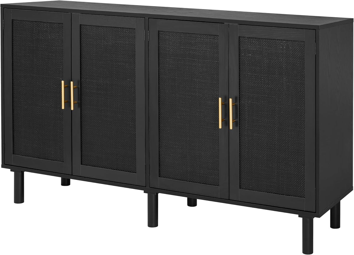 4 Door Sideboard Buffet Cabinet, Kitchen Storage Buffet with Black Painted Rattan Decorated Doors