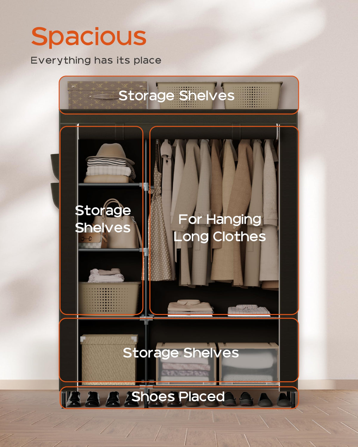 Portable Closet, 48 Inch Large Capacity Wardrobe Closet, Clothes Storage Organizer with Shelves and Hanging Rod, Easy
