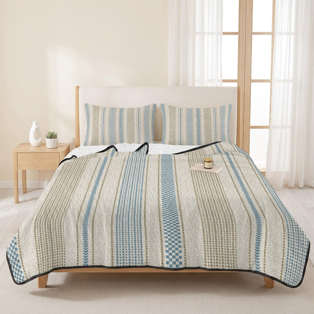 Vintage Striped Quilts Bedding Set Blue Brown Vertical Ticking Stripes French Country Lightweight Quilted
