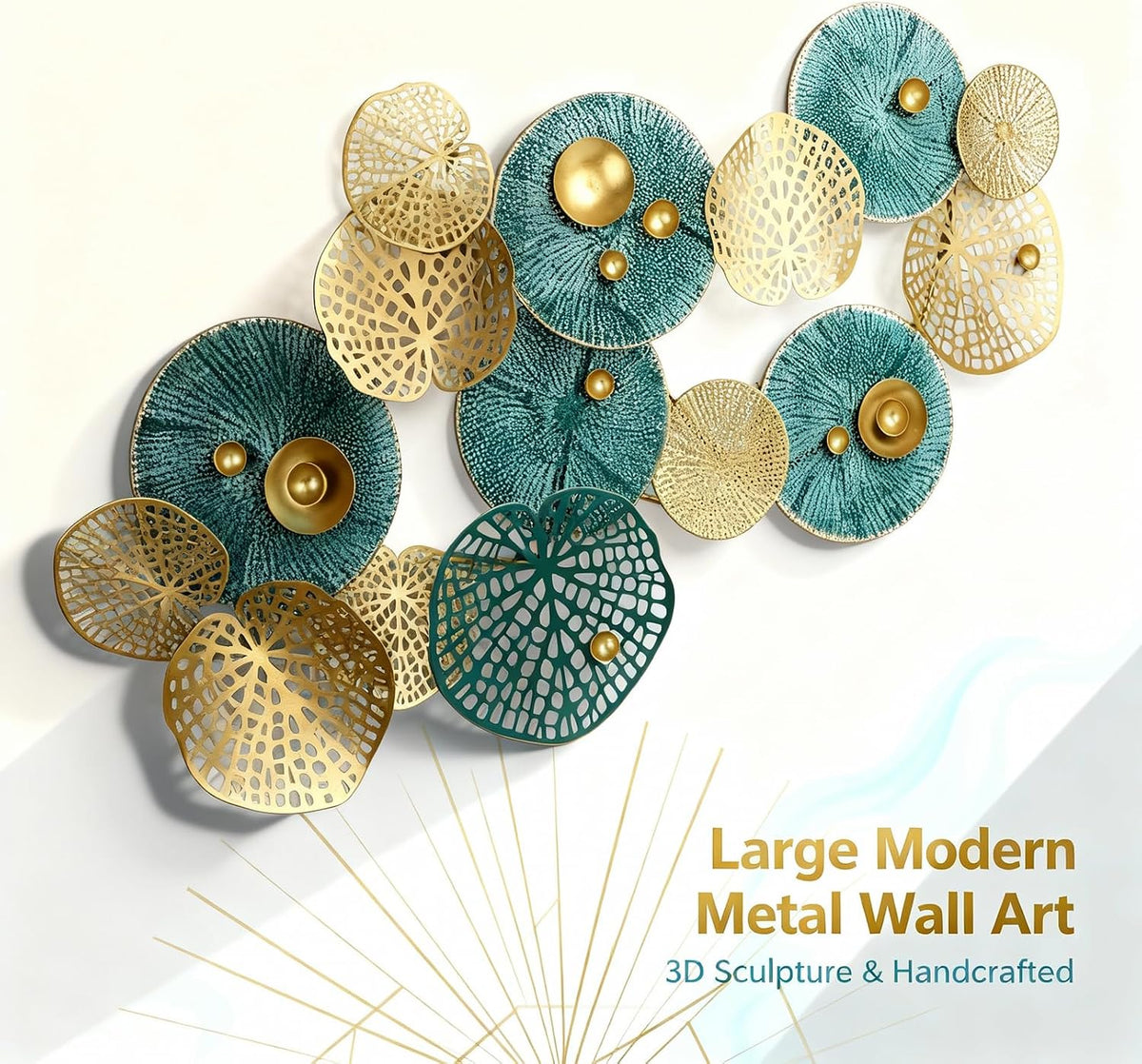 Large 3D Metal Wall Art, Modern Blue & Gold Lotus Leaf Sculpture, Coastal Home Decor Bedroom, Fall Halloween