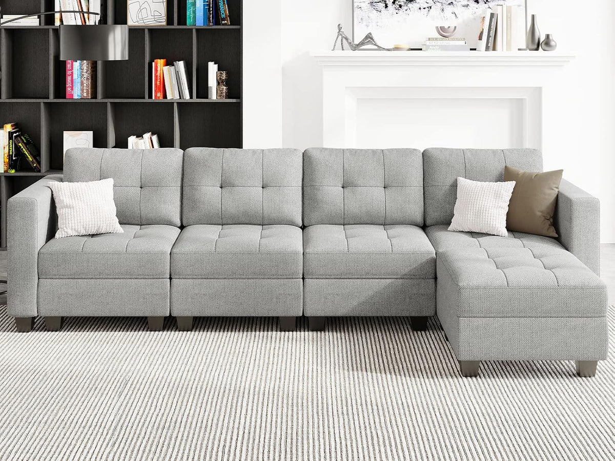 Light Grey L Shape 5-Seat Modular Sectional Sofa with Storage, Reversible Chaise, Adjustable Backrest, Cotton &