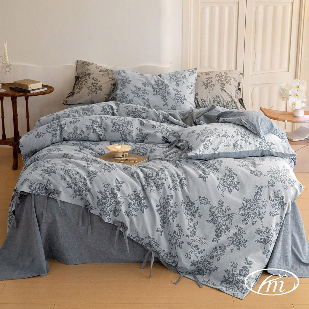 Duvet Cover Set Linen Cotton Yarn-Dyed Duvet Cover, Jacquard Garden Floral Pattern Monet Style 3Pieces