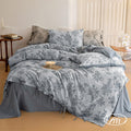 Duvet Cover Set Linen Cotton Yarn-Dyed Duvet Cover, Jacquard Garden Floral Pattern Monet Style 3Pieces