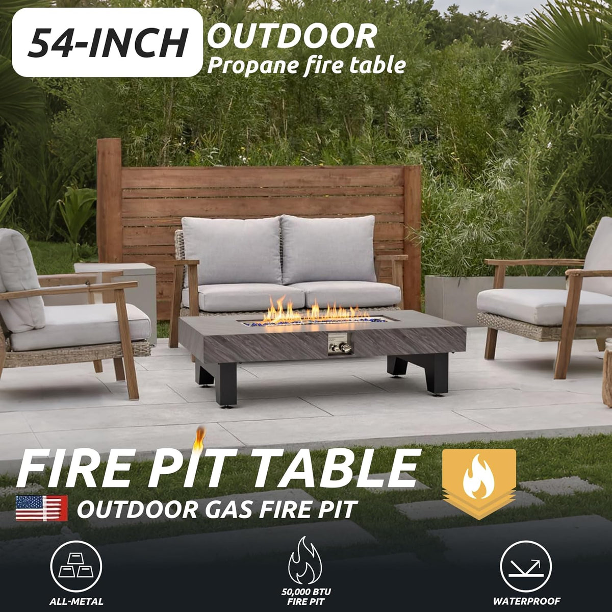 54”Propane Fire Pit,Outdoor Gas Fire Pit Table with Rain Cover,Rectangular Heater for Patio, Backyard, Deck,50,000BTU Outdoor Modern Patio Fire Pit.