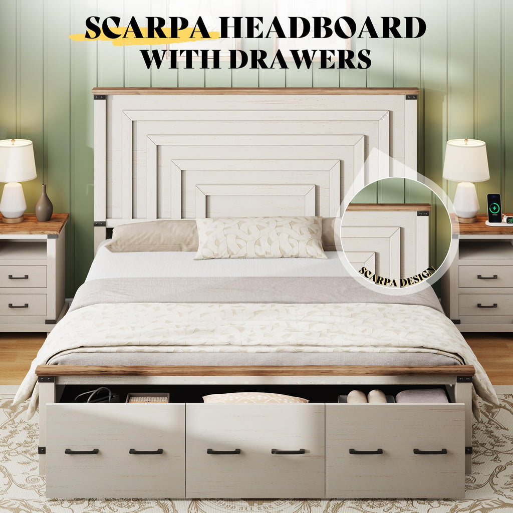 Bed Frame with 51" Headboard & Storage, Rustic White