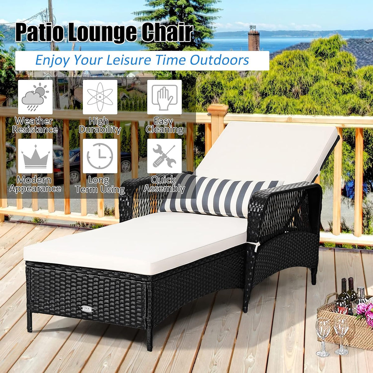 Wicker Chaise Lounge Outdoor, Patio Rattan Reclining Chaise with 6-Gear Adjustable Backrest