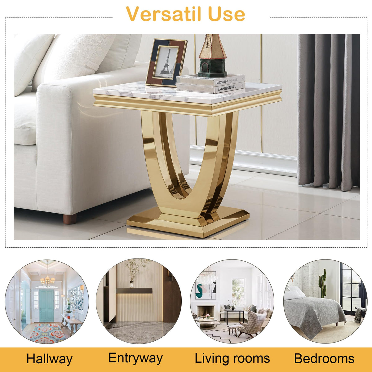 Inspired Saarinen Style Marble Luxury Gold Side Table with Geometric U-Shape Stainless Steel Pedestal Modern Square Sofa Side Table White