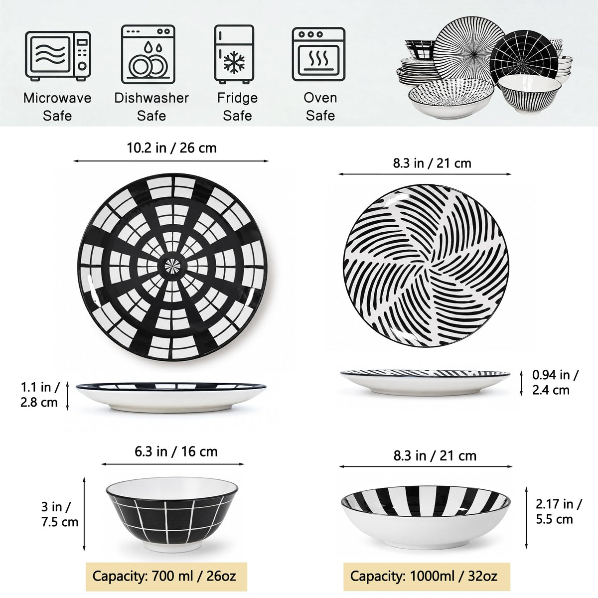 Dinnerware Sets for 6, Plates and Bowls Sets, 24 Pieces Scratch Resistant Dishware Dishes Set, Ceramic Kitchen Dinner
