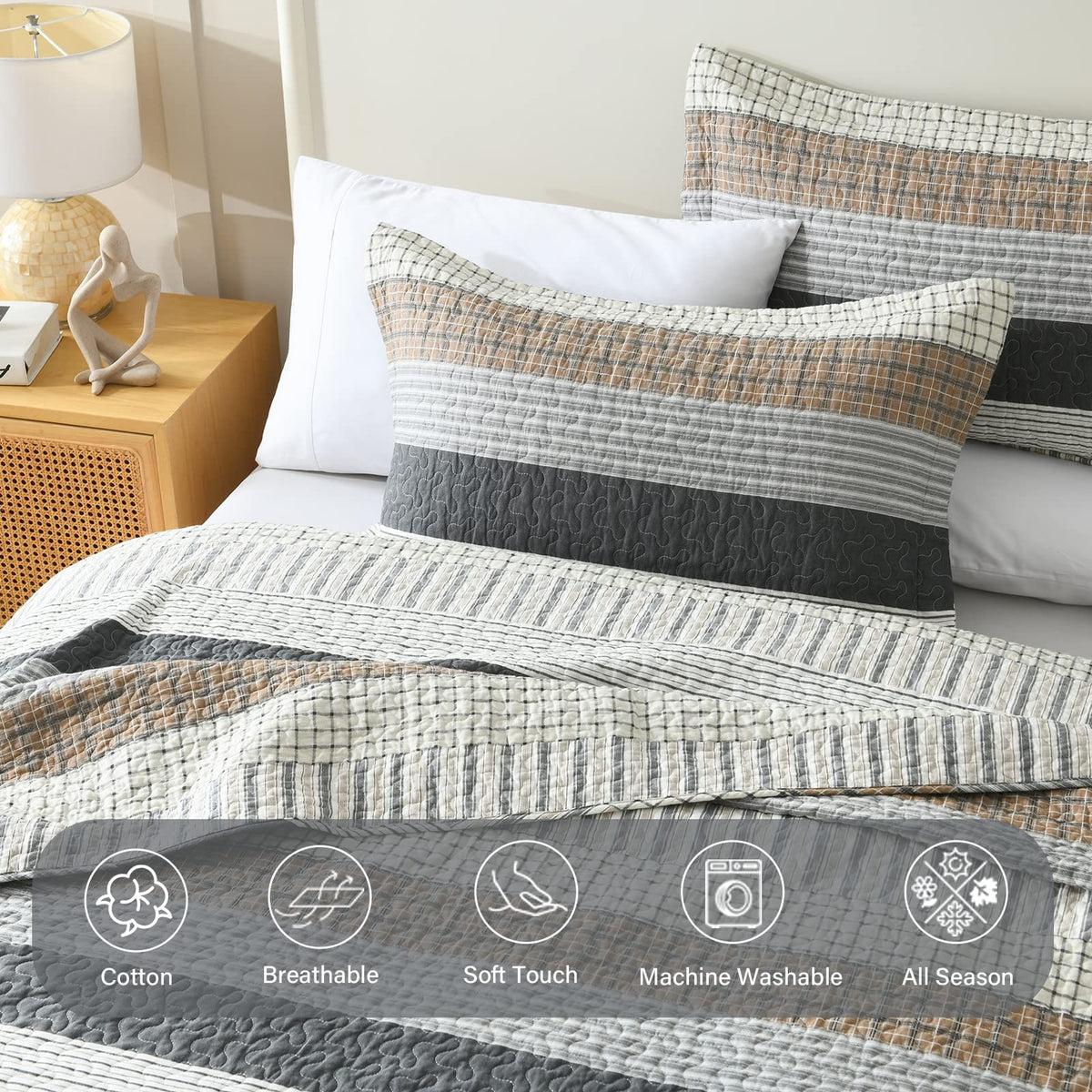 100% Cotton Modern Farmhouse Quilt Set, Neutral, Gray