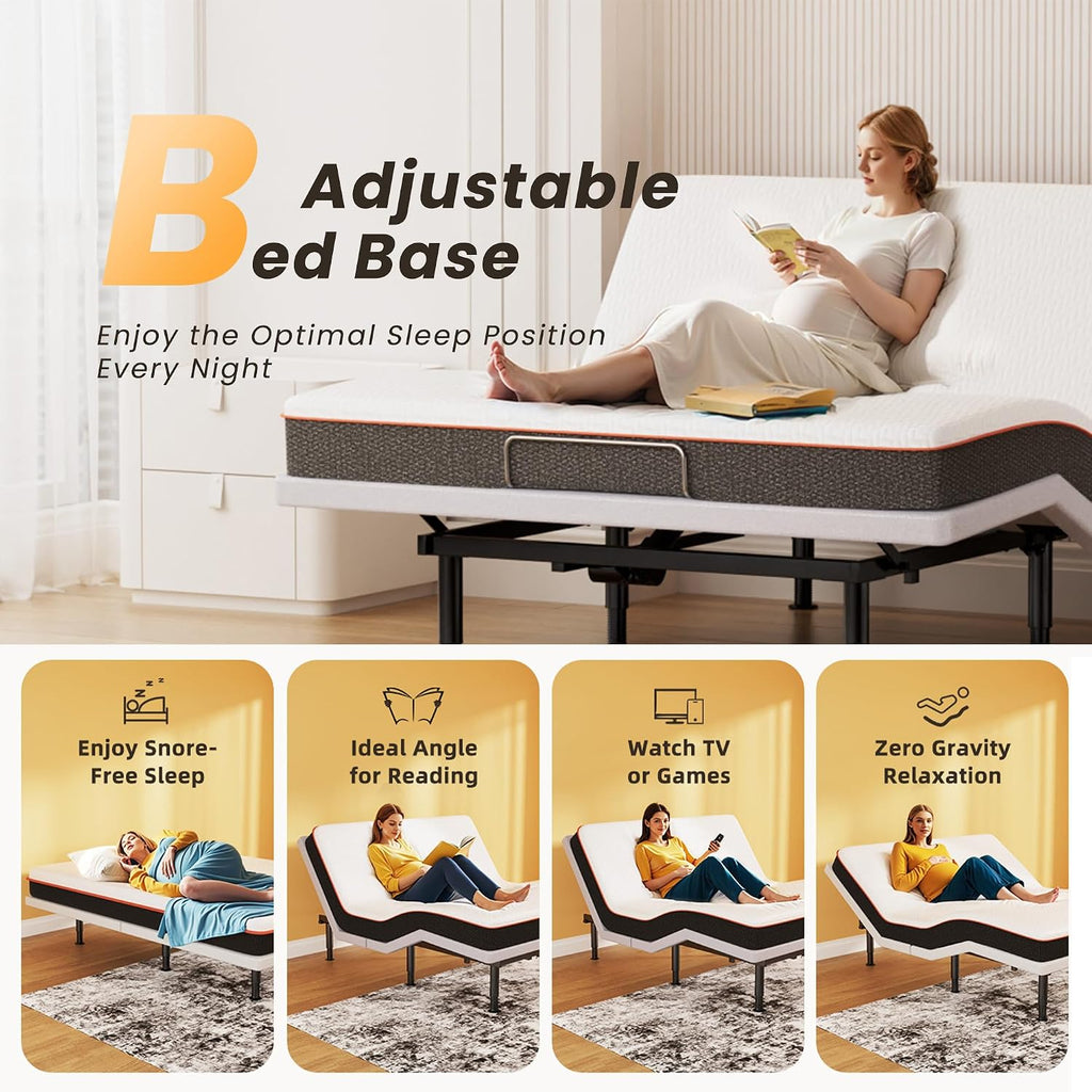 Queen Adjustable Bed Frame with Wireless Remote, Head Foot Incline, USB, Underbed Light - Heavy Duty Platform, Zero