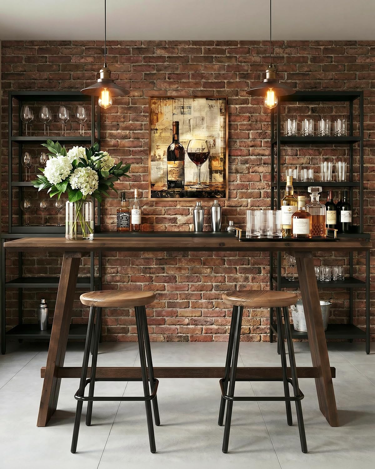 Solid Wood Bar Table, 61" Counter Height Table with Parquet Design Tabletop, Modern Farmhouse Kitchen Bar Table