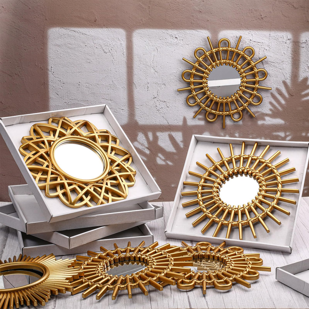 6 Pcs Sunburst Round Mirror for Wall Decor, Elegant, Gold