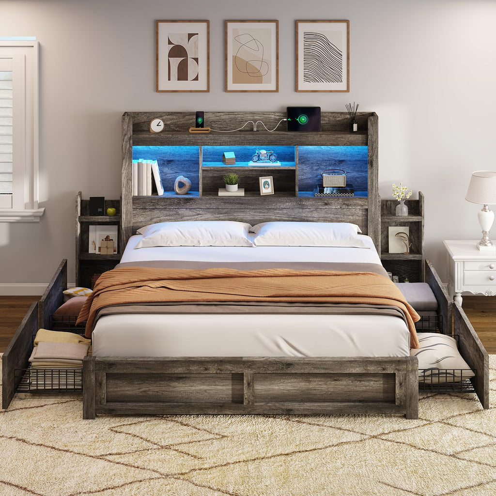 Bed Frame with Bookcase Headboard & Storage, Rustic Grey