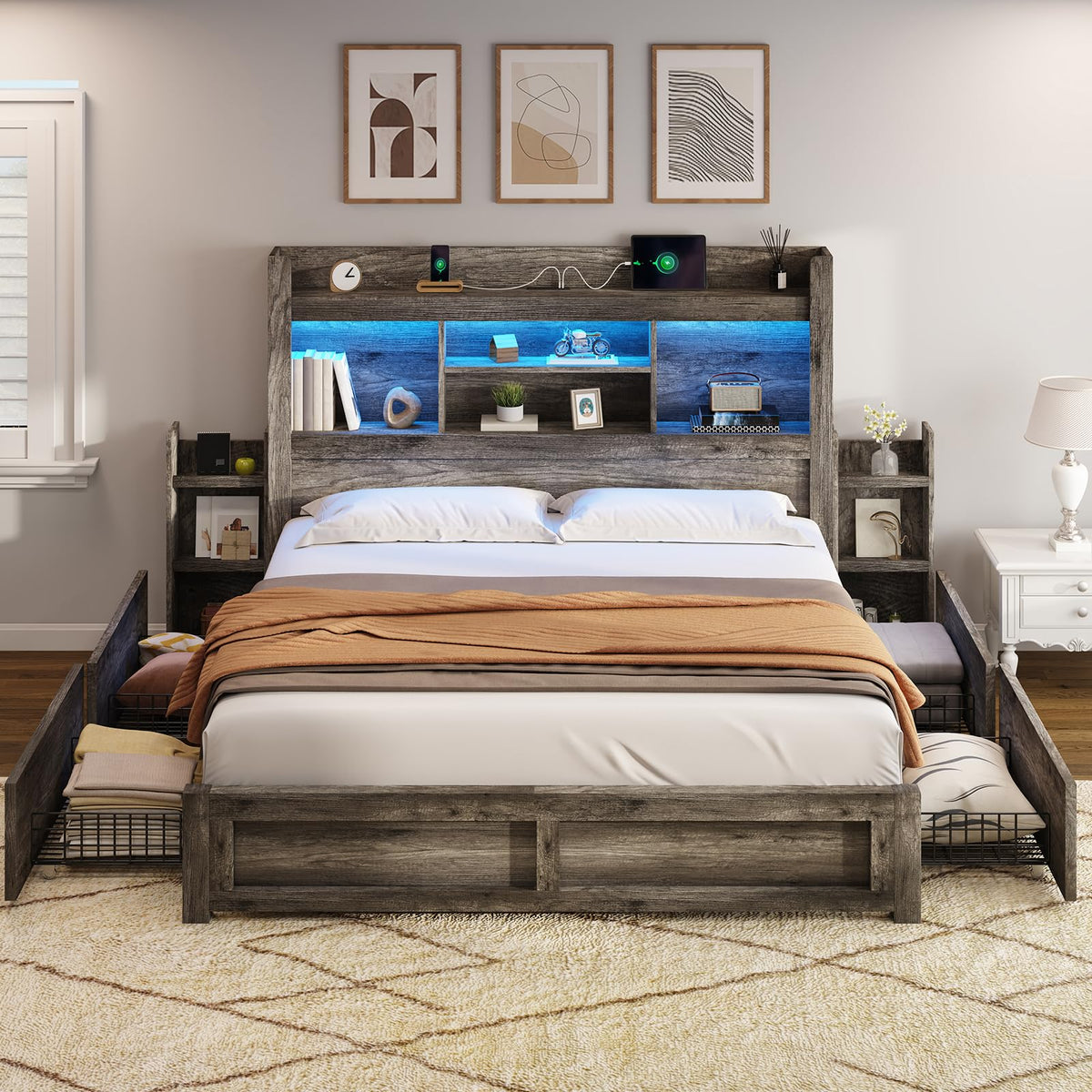 Bed Frame with Bookcase Headboard & Storage, Rustic Grey