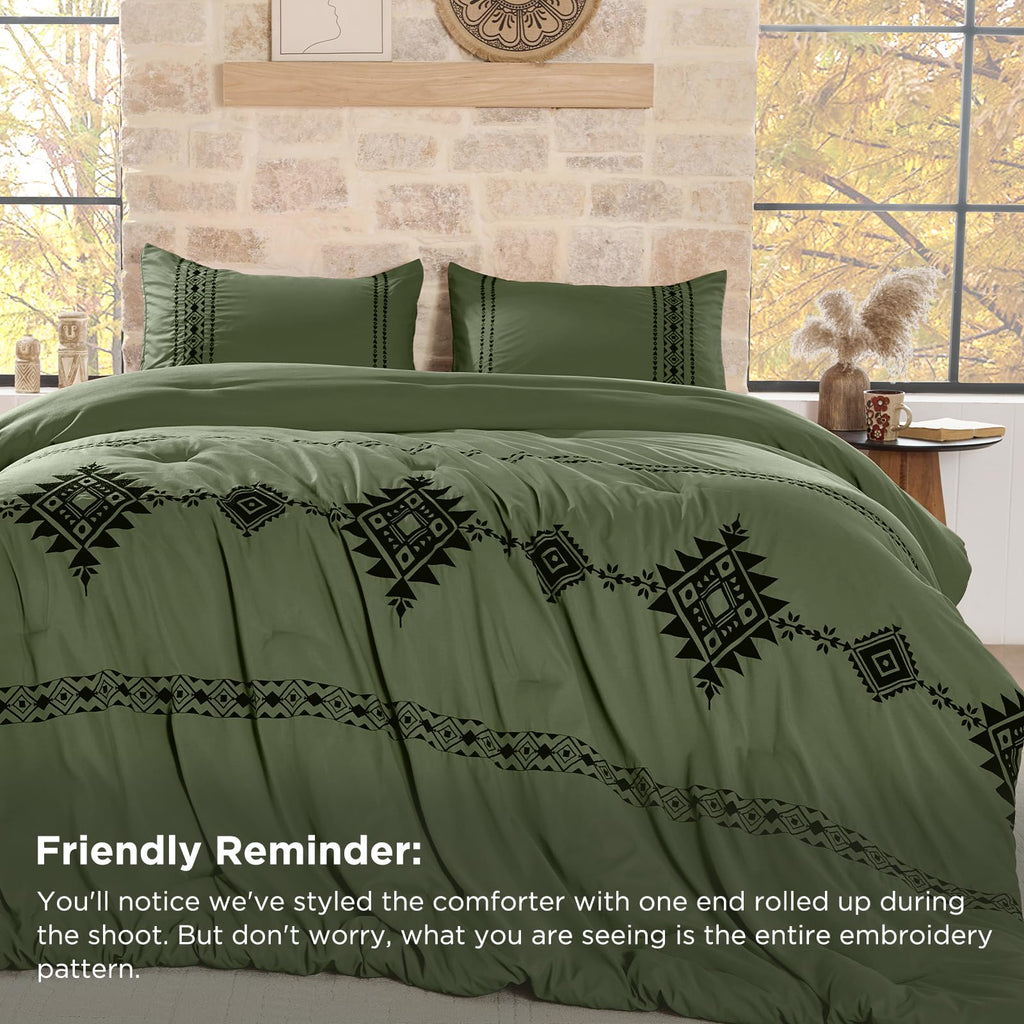Embroidered Comforter Set King, 3-Piece Boho Bedding, Green