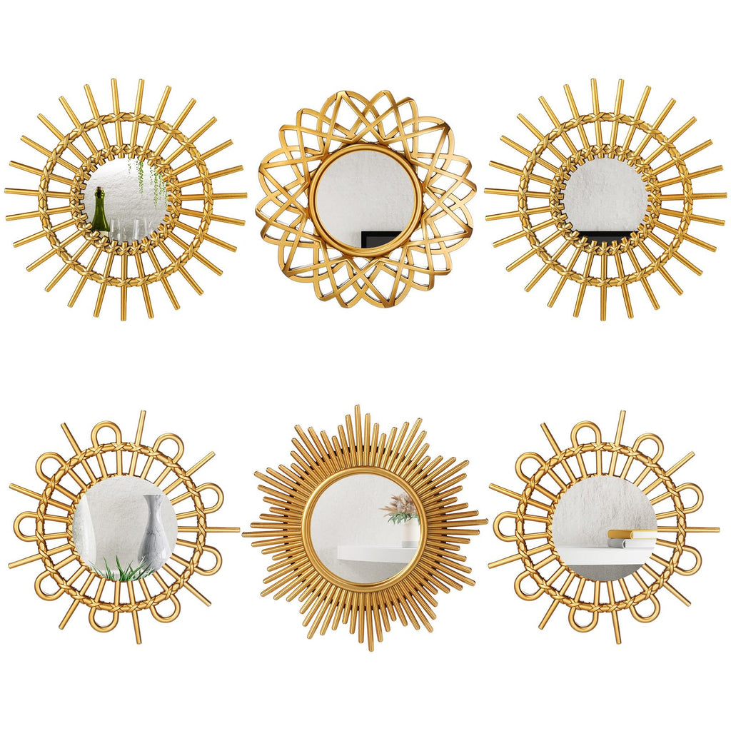 6 Pcs Sunburst Round Mirror for Wall Decor, Elegant, Gold