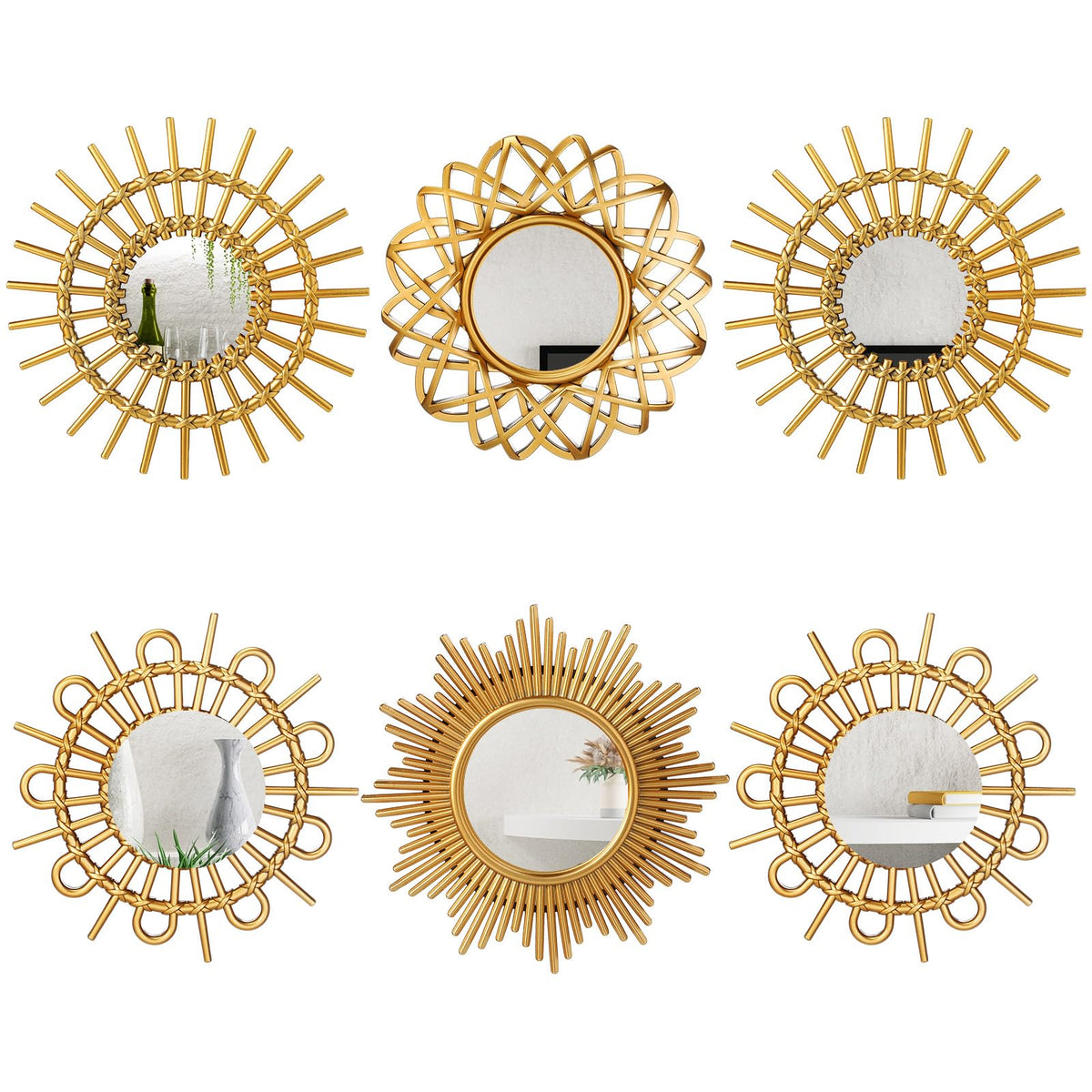 6 Pcs Sunburst Round Mirror for Wall Decor, Elegant, Gold