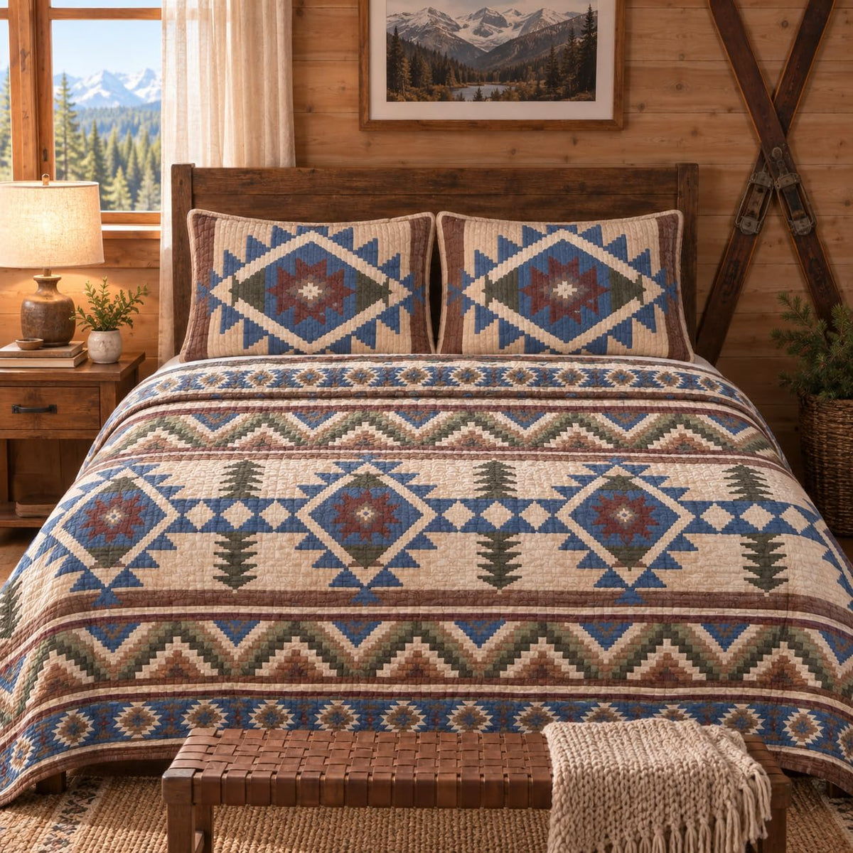 Rustic Western Southwestern Native American Tribal Navajo Design Oversized Bedspread Quilt Set in Beige Taupe Brown