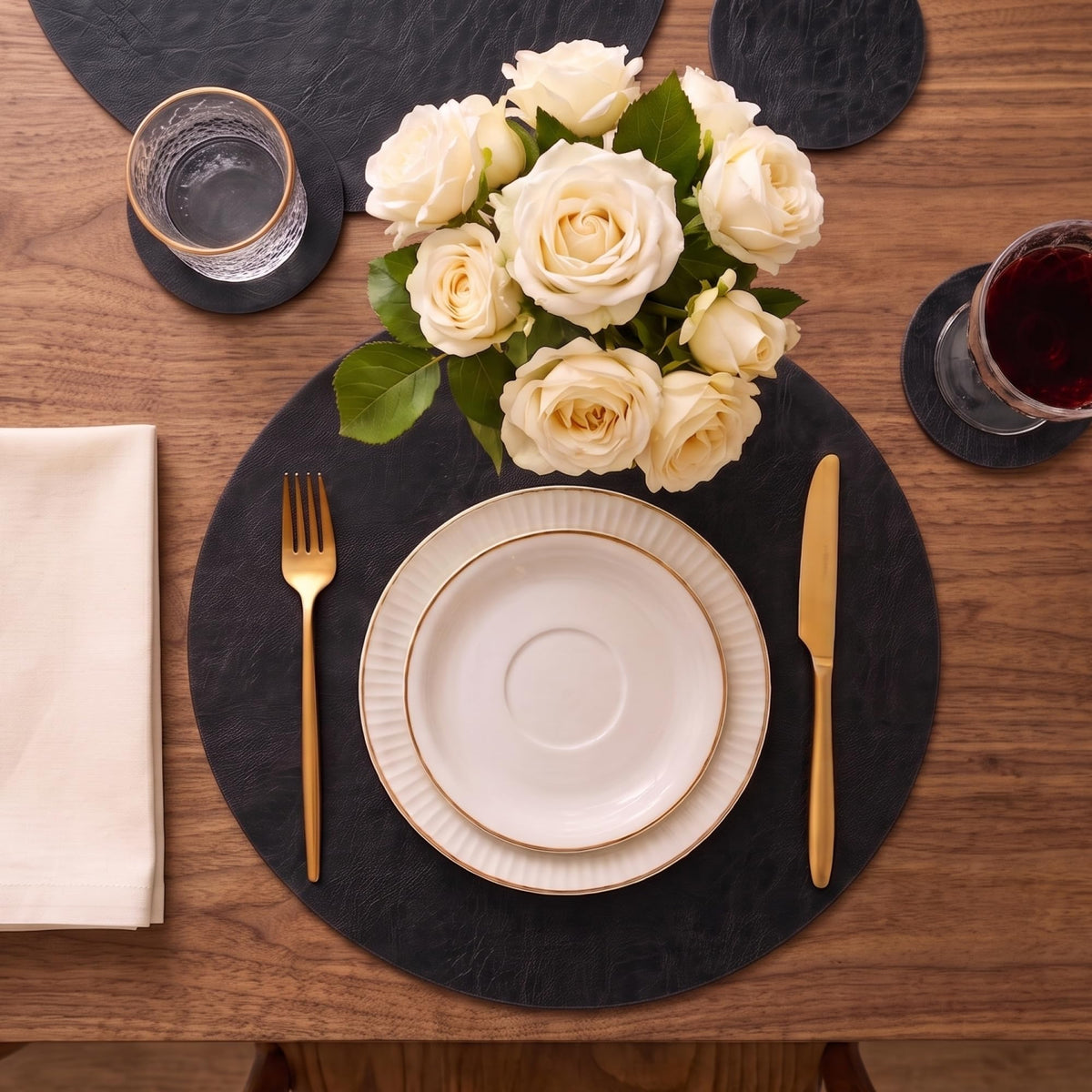 Set of 8 Faux Leather Round Placemats and Coasters, 13''and 3.9'', Black