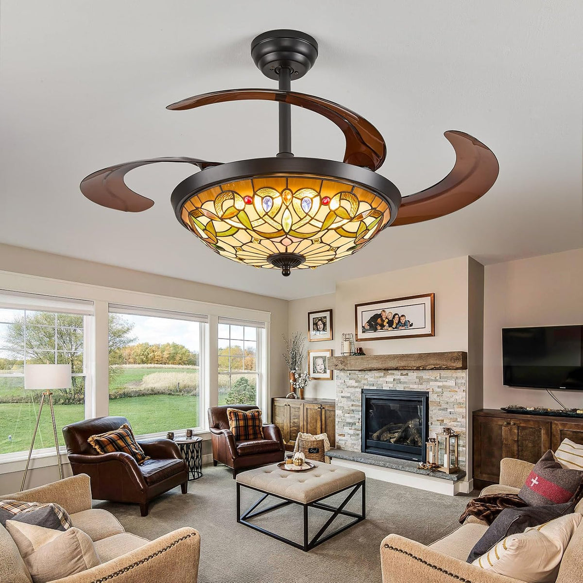 48" Tiffany Retractable Ceiling Fan with Light - (Gem Art, Black)