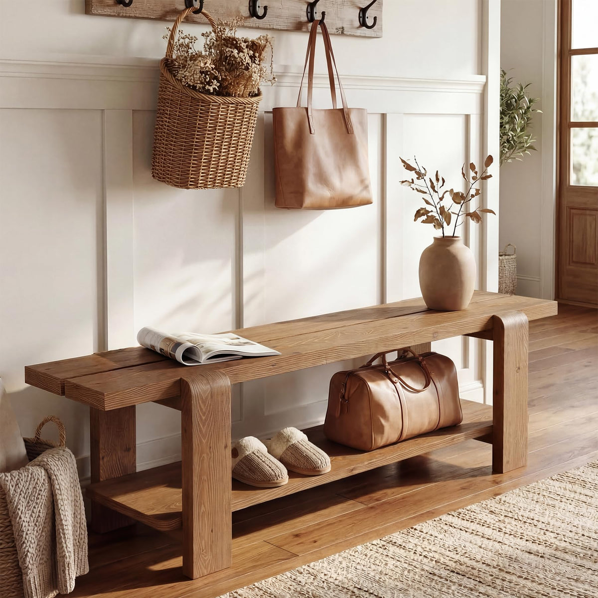 Solid Wood Entryway Bench with Shoe Storage Shelf, 63-Inch Long Farmhouse Entry Shoe Bench, End of Bed Bench