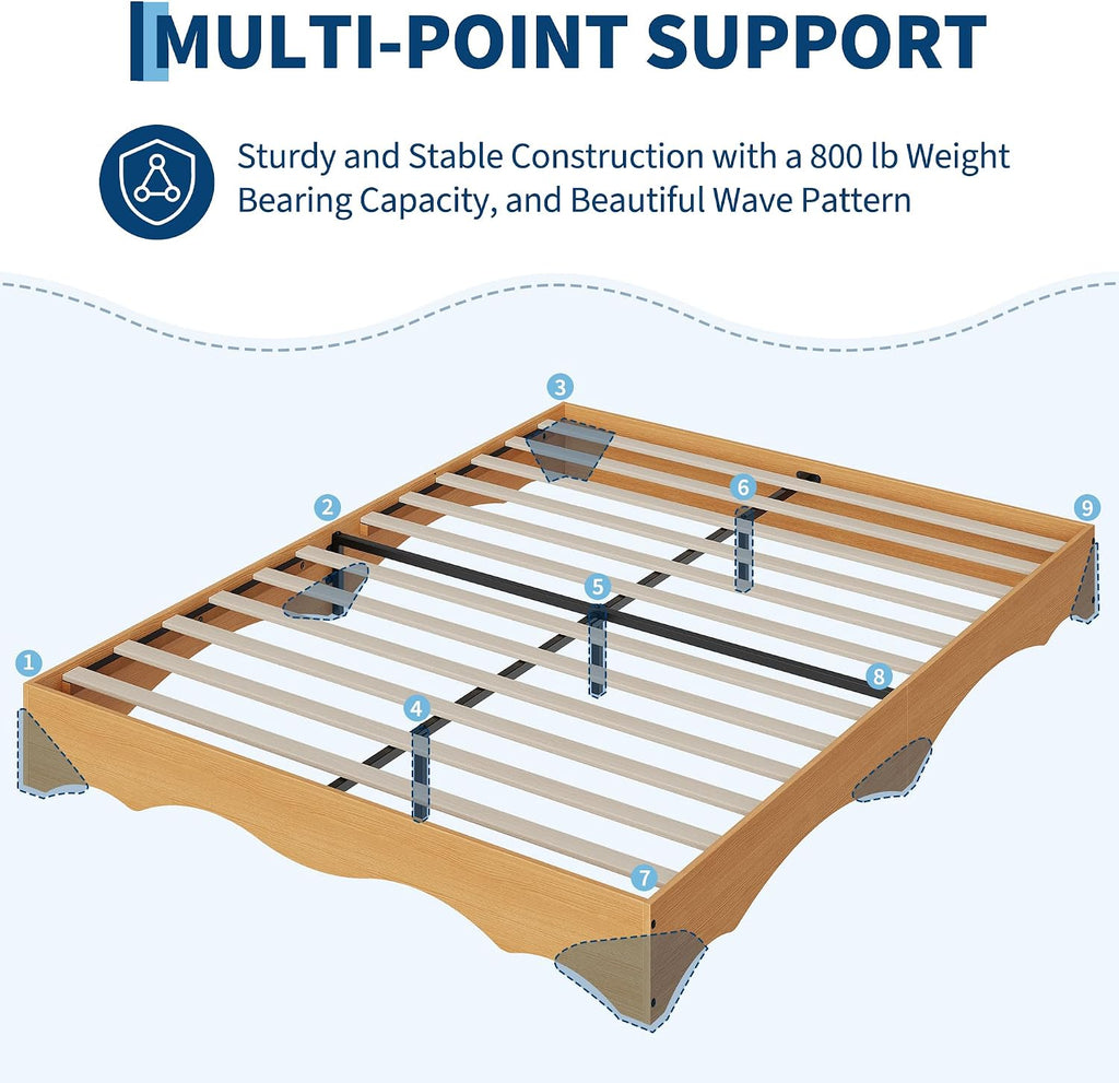Japanese-Style Low-Profile Wood Platform Floor Bed Frame with Wave Edge, No Headboard, Solid Slat Support