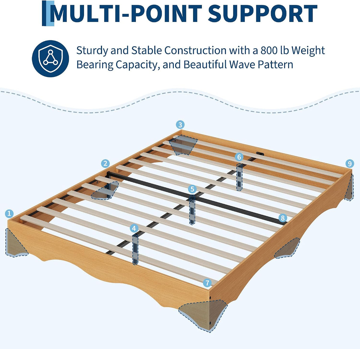 Japanese-Style Low-Profile Wood Platform Floor Bed Frame with Wave Edge, No Headboard, Solid Slat Support