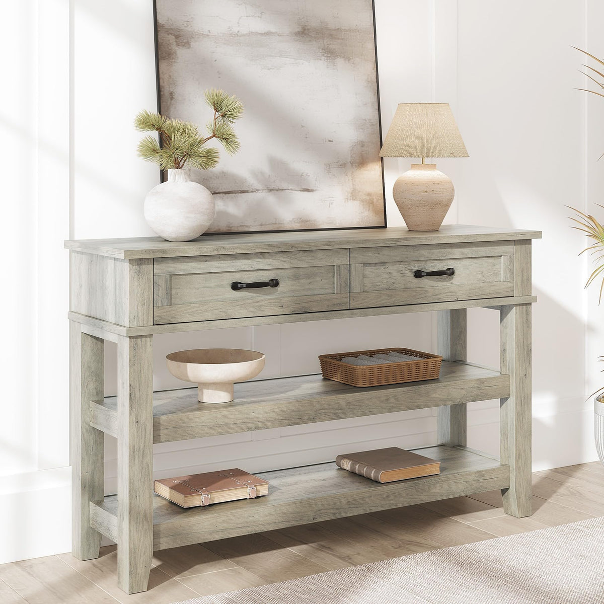 2 Drawers Entryway Table, Farmhouse Wooden Console Table, Grey