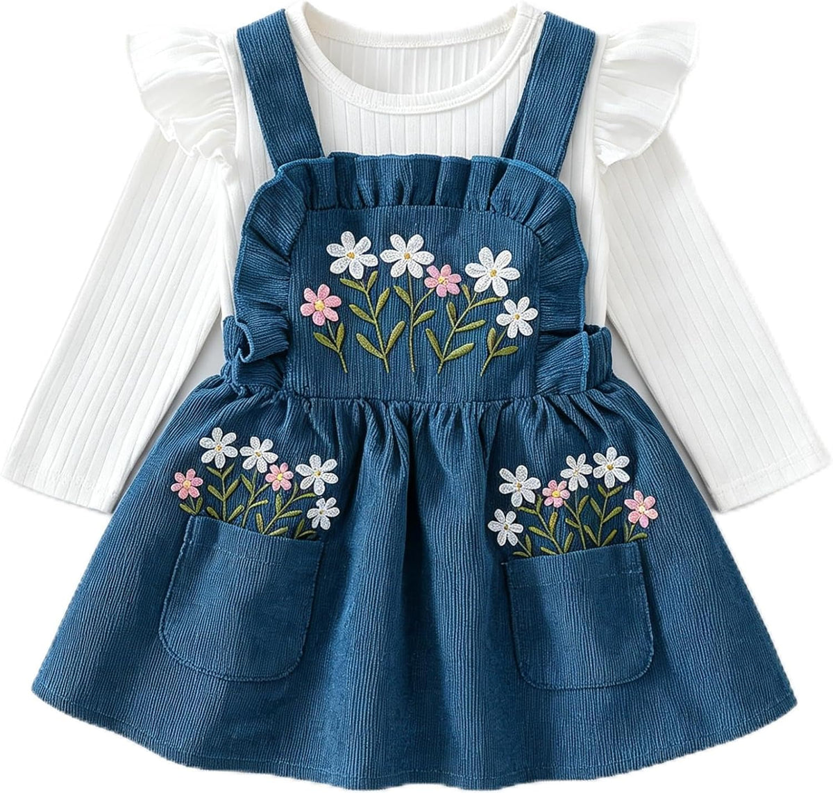 Baby Girl Dress Set Long Sleeve Ribbed Top Embroidered Suspender Dress