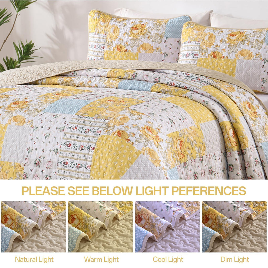 Yellow Patchwork Quilt Set, Rose Floral Plaid Bedspread
