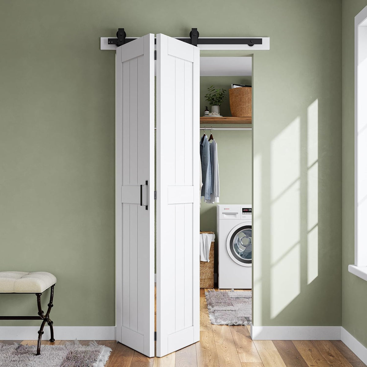 Bifold Barn Door 32'' x 84'',Bi-Fold Sliding Closet Doors with Hardware Kit Included,36'' Track Kit for 2 Doors