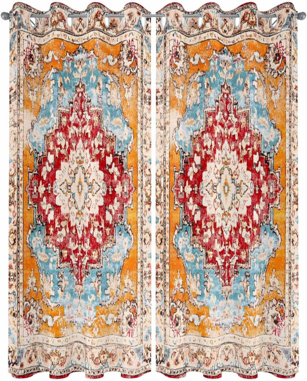 Orange Boho Outdoor Curtain (Set of 2 Panels) Waterproof, Vintage Ethnic Geometric Weatherproof Outside Curtains with Grommet Top